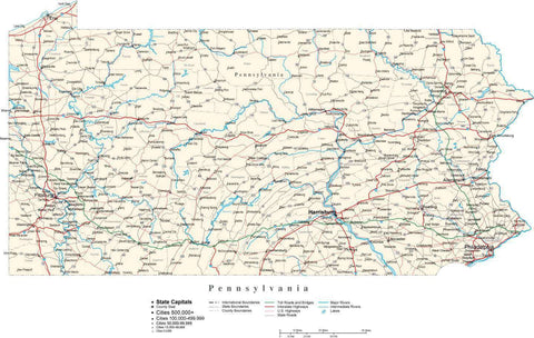 Pennsylvania Map - Cut Out Style - with Capital, County Boundaries, Cities, Roads, and Water Features