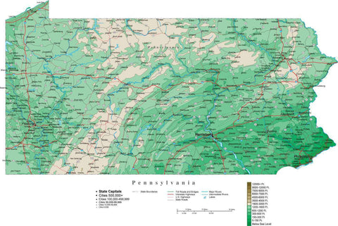 Pennsylvania Map with Contour Background - Cut Out Style