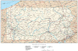 Pennsylvania Map with Capital, County Boundaries, Cities, Roads, and Water Features