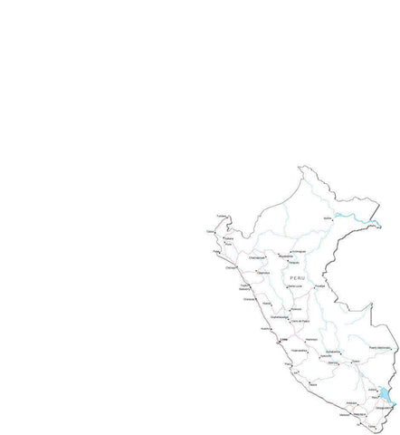 Peru Black & White Map with Capital, Major Cities, Roads, and Water Features