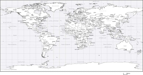 Black & White World Map with Countries  Capitals and Major Cities - PLTCRE-253517