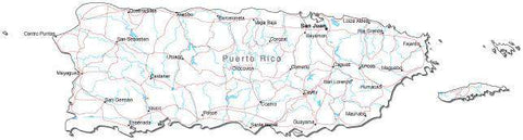 Puerto Rico Black & White Map with Capital, Major Cities, Roads, and Water Features