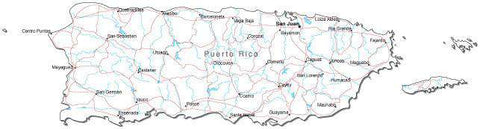 Puerto Rico Black & White Map with Capital, Major Cities, Roads, and Water Features