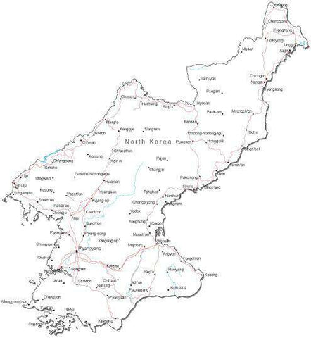 North Korea Black & White Map with Capital, Major Cities, Roads, and Water Features