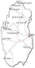Qatar Black & White Map with Capital Major Cities and Roads