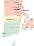 Multi Color Rhode Island Map with Counties, Capitals, and Major Cities