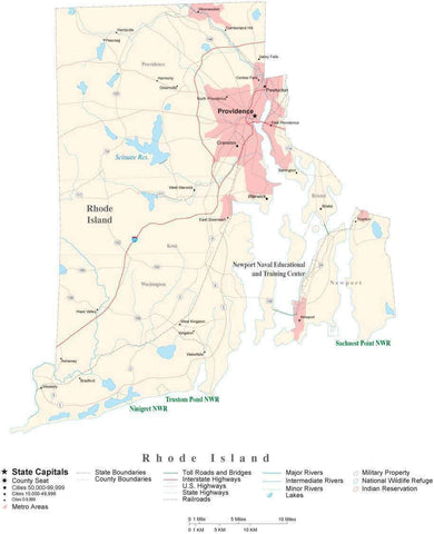 Detailed Rhode Island Cut-Out Style Digital Map with County Boundaries, Cities, Highways, and more