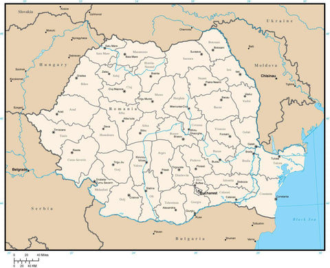 Romania Digital Vector Map with Administrative Areas and Capitals
