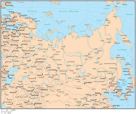Single Color Russia Map with Countries, Capitals, Major Cities and Water Features