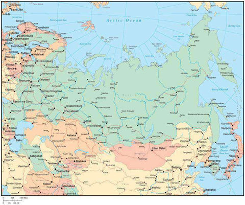 Multi Color Russia Map with Countries, Capitals, Major Cities and Water Features