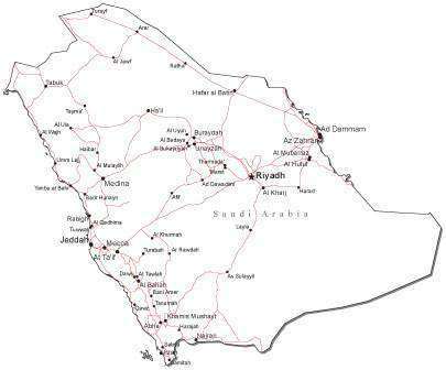 Saudi Arabia Black & White Map with Capital Major Cities and Roads