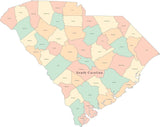 Multi Color South Carolina Map with Counties and County Names