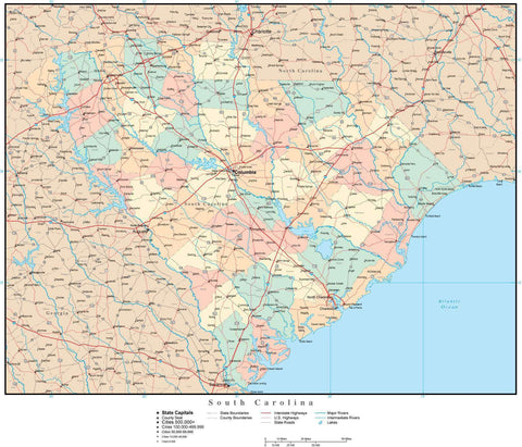 South Carolina Map with Counties, Cities, County Seats, Major Roads, Rivers and Lakes