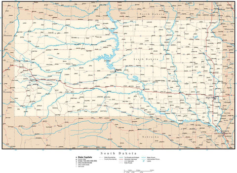 South Dakota Map with Capital, County Boundaries, Cities, Roads, and Water Features