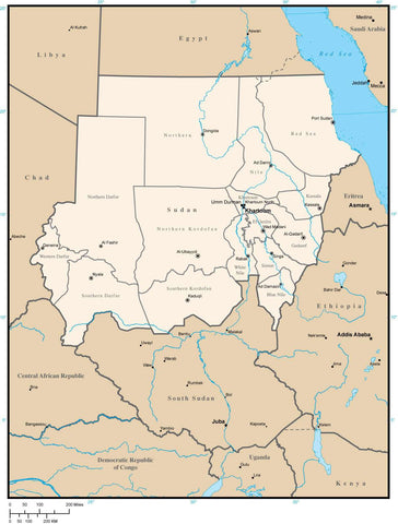 Sudan Digital Vector Map with Administrative Areas and Capitals