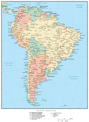 South America Map with Countries, Capitals, Cities, Roads and Water Features
