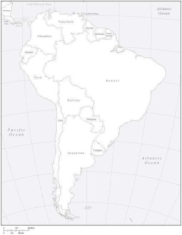 Digital South America Map with Countries - Black & White