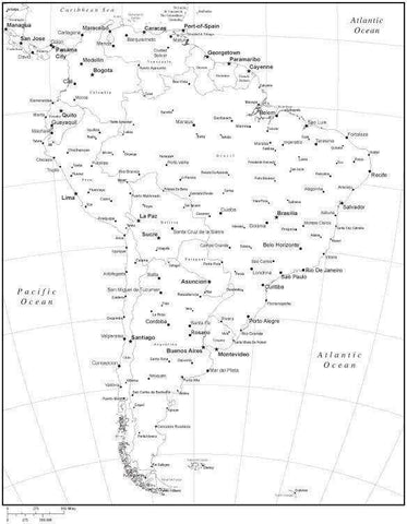 Black & White South America Map with Countries, Capitals and Major Cities - SOAMER-533935
