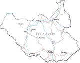 South Sudan Black & White Map with Capital, Major Cities, Roads, and Water Features