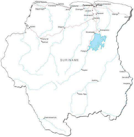 Suriname Black & White Map with Capital, Major Cities, Roads, and Water Features