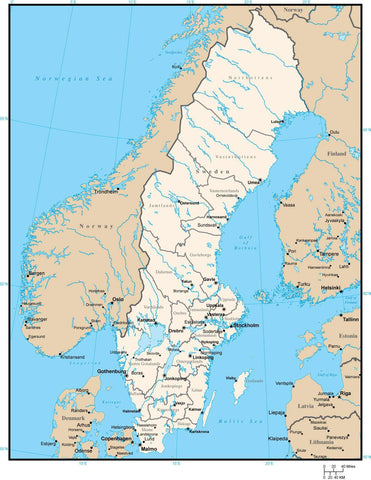 Sweden Digital Vector Map with County Areas and Capitals