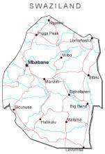Swaziland Black & White Map with Capital, Major Cities, Roads, and Water Features