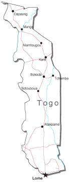 Togo Black & White Map with Capital, Major Cities, Roads, and Water Features