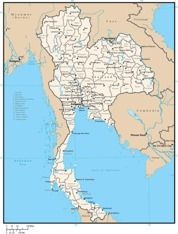 Thailand Digital Vector Map with Province Areas and Capitals