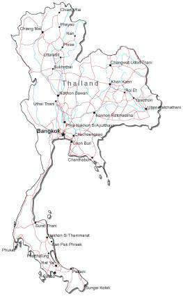 Thailand Black & White Map with Capital, Major Cities, Roads, and Water Features