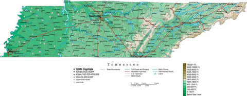 Tennessee Map with Contour Background - Cut Out Style