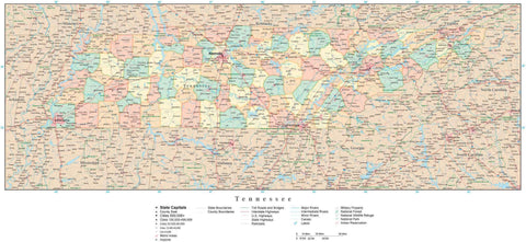 Detailed Tennessee Digital Map with Counties, Cities, Highways, Railroads, Airports, and more