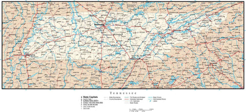 Tennessee Map with Capital, County Boundaries, Cities, Roads, and Water Features