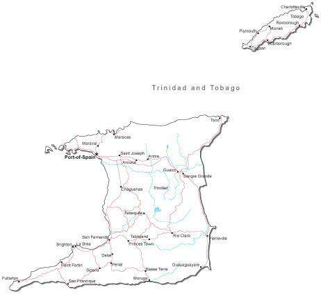 Trinidad and Tobago Black & White Map with Capital, Major Cities, Roads, and Water Features