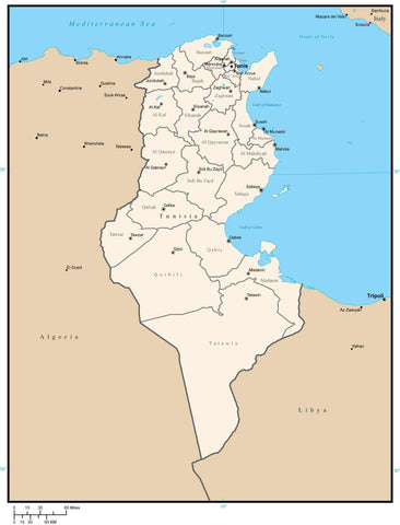 Tunisia Digital Vector Map with Administrative Areas and Capitals