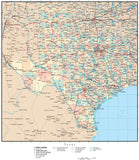 Texas Map with Counties, Cities, County Seats, Major Roads, Rivers and Lakes