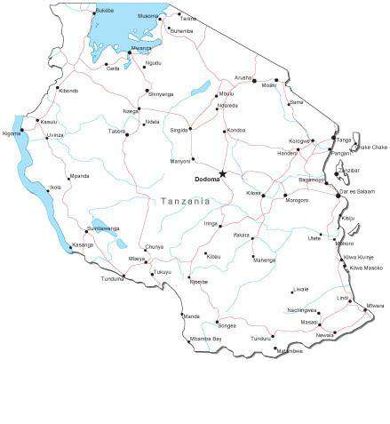 Tanzania Black & White Map with Capital, Major Cities, Roads, and Water Features