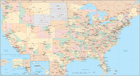 Poster Size USA Map with Congressional Districts plus Counties, Highways, Capitals, and Major Cities
