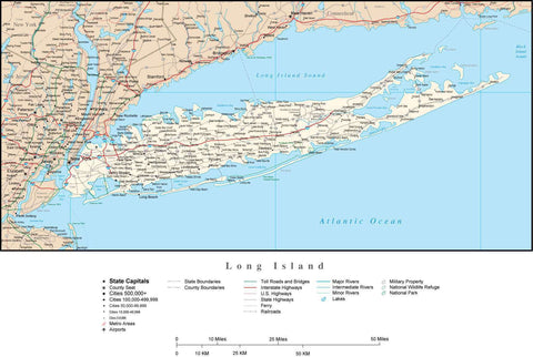 Long Island  NY Map with State Boundaries