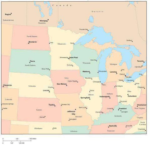 USA Midwest Region Map with State Boundaries, Capital and Major Cities