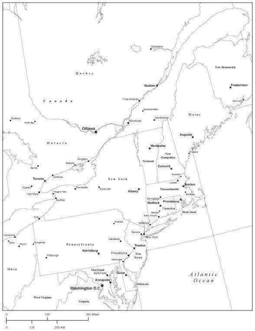 USA Northeast Region Black & White Map with State Boundaries Capital and Major Cities