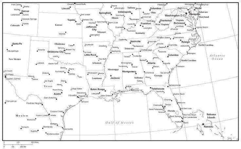 USA South Region Black & White Map with State Boundaries Capital and Major Cities