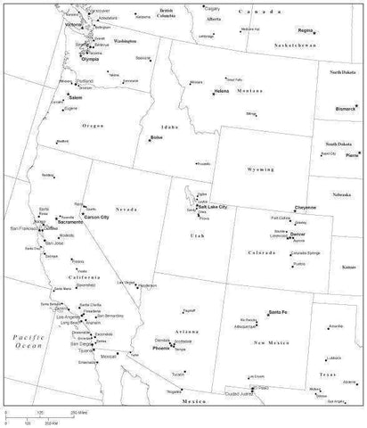 USA West Region Black & White Map with State Boundaries Capital and Major Cities