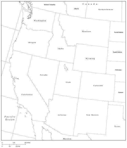 USA West Region Black & White Map with State Boundaries
