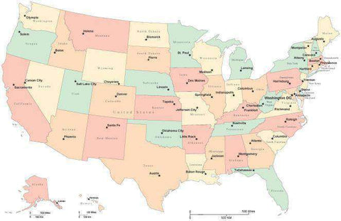 Multi Color USA Map with Capitals, Cut-Out Style