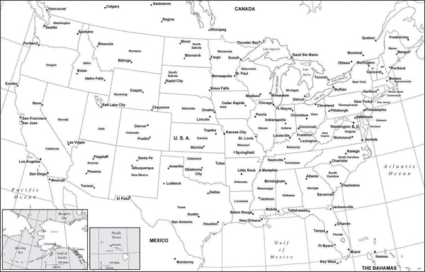 Black & White USA Map with Major Cities