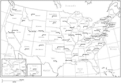 Black & White USA Map with Capitals