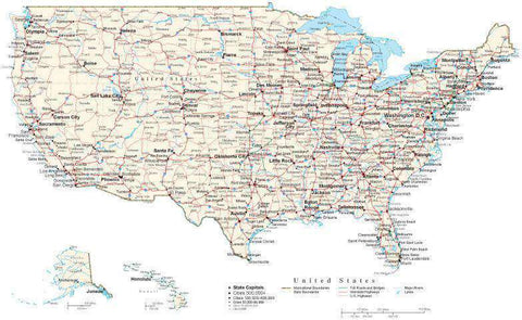 USA Map Rectangular Projection with Capitals Cities Roads and Water Features
