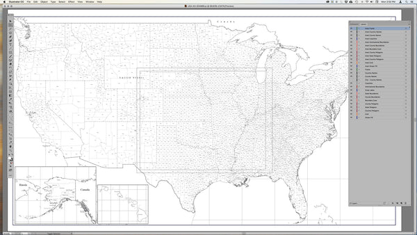 Poster Size USA Map with All Counties - Rectangular Projection