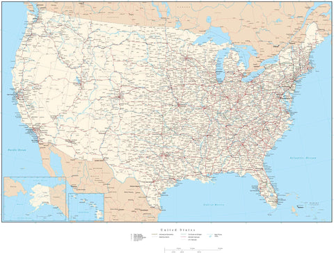 Poster Size USA Map with Cities Interstates US Highways State Roads and Water Features