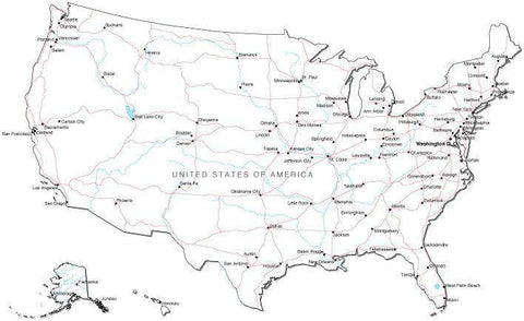 USA Black & White Map with Capital, Major Cities, Roads, and Water Features